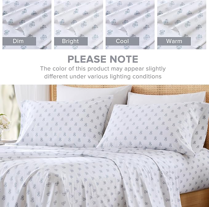 Comfort Spaces 100% Cotton Sheets King, Breathable, Naturally Cool Cotton Sheets, Soft Cotton Bed Sheets with 14" Elastic Pocket Fits up to 16" Mattress, All Seasons Sheet Set, Floral Blue 4 Piece