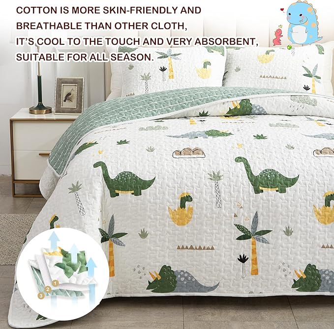 Joyreap 3-Piece Cotton Quilt Set Full/Queen, Dinosaur Theme Green Color Design for Kids Boys n Girls, Smooth Soft Quilt Bedspread Bed Cover for All Season, 1 Quilt and 2 Pillow Shams- 90x90 inches