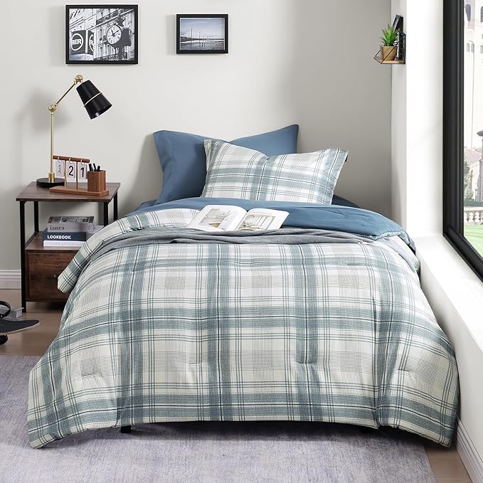 Twin XL Comforter Set, Blue Grey Plaid Bedding Set 5 Piece for Boys Girls Teen, Classic Homestead-Style Kids Comforter Set Bed in A Bag with Sheets, Pillowcase & Sham