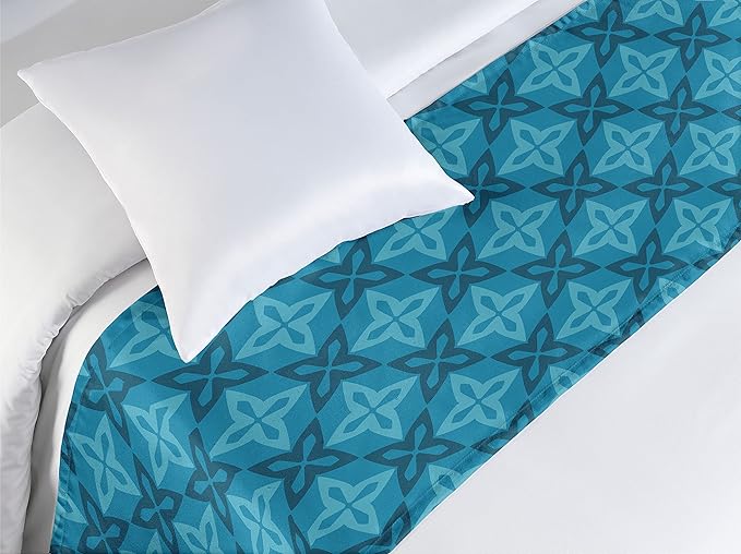 Lunarable Flower Bed Runner, Moroccan Flowers Design Geometric Blossoming Petal Pattern, Decorative Accent Bedding Scarf for Hotels Homes and Guestrooms, Twin, Ocean Blue