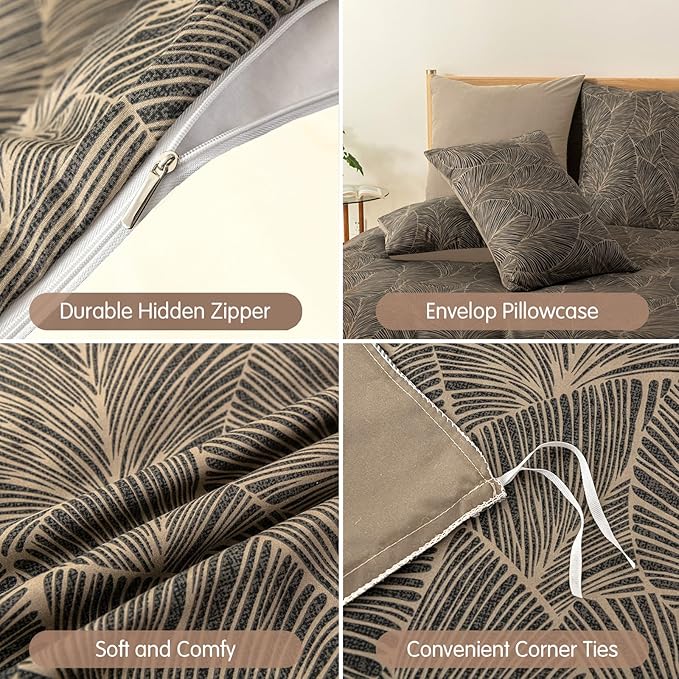 Lekesky King Size Duvet Cover Set, Reversible King Comforter Cover with Tropical Leaves Pattern, Soft 100% Washed Microfiber 3 Pieces Khaki Bedding Set with Zipper and 2 Pillowcases