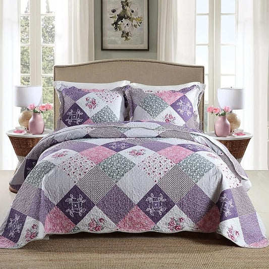 Travan Bedspread Quilt Set 3-Piece Lightweight Coverlet Set with Shams Reversible Quilted Bedding Set for All Season, Purple Floral, King Size