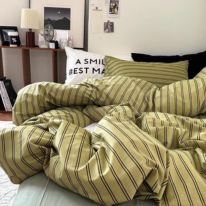 mixinni Vintage Stripes Duvet Cover Set Queen - 3-Piece Mid-Century Cotton Olive & Taupe Striped Bedding, Soft Breathable All-Season Comforter Cover with Zipper Closure & Corner Ties-Queen Size