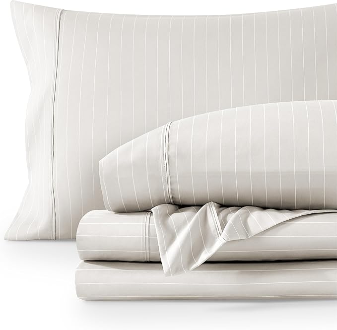 Bare Home Full Sheet Set - Luxury 1800 Ultra-Soft Microfiber Double Brushed - Deep Pockets - Easy Fit - 4 Piece Set - Bedding Sheets & Pillowcases (Full, Pinstripe - Stone/White)