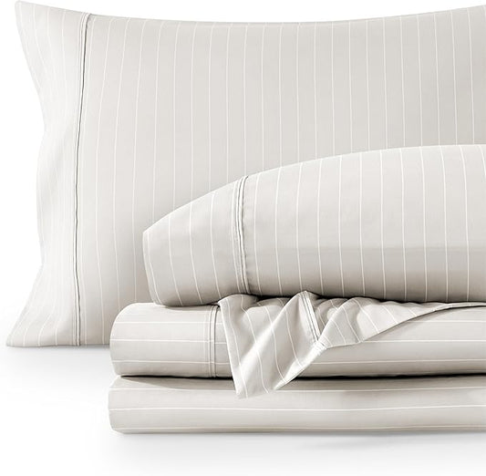 Bare Home Queen Sheet Set - Luxury 1800 Ultra-Soft Microfiber Queen Bed Sheets - Double Brushed - Deep Pockets - Easy Fit - 4 Piece Set (Queen, Pinstripe - Stone/White)