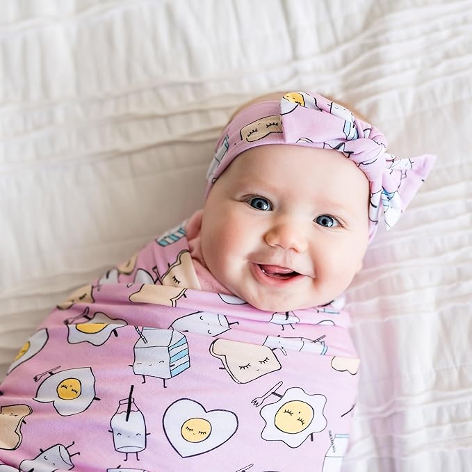 Little Sleepies Swaddle & Headband Bow Set, Viscose from Bamboo Baby Swaddles, Newborn Baby Girl Clothes (Pink Breakfast Buddies)