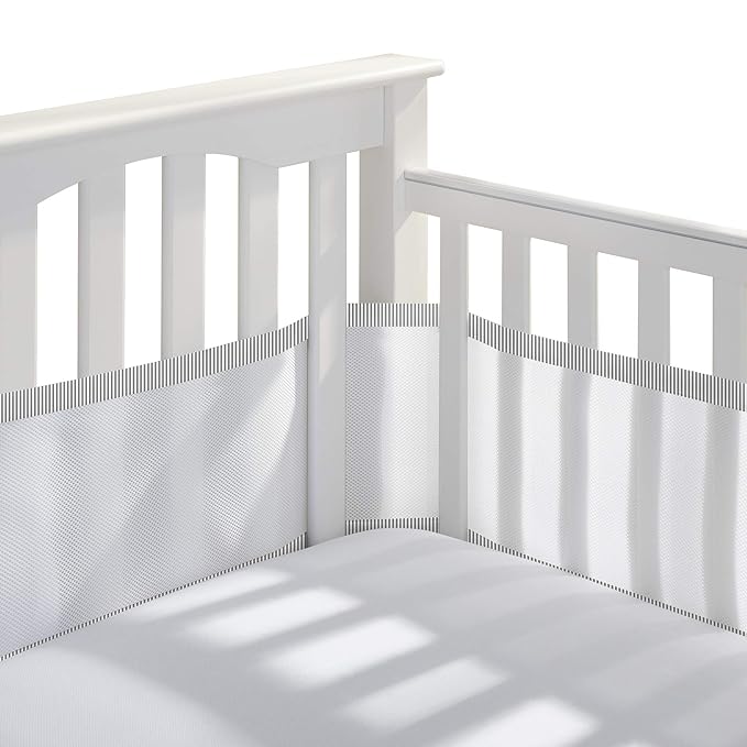 BreathableBaby Breathable Mesh Liner for Full-Size Cribs, Classic 3mm Mesh, Gray Seersucker (Size 4FS Covers 3 or 4 Sides)