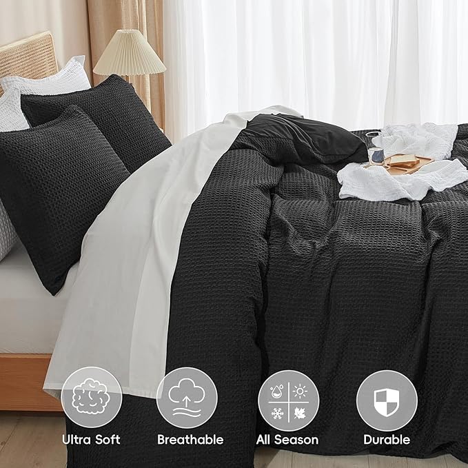 PHF Waffle Weave Duvet Cover Set King Size, No Snagging Ultra Soft Luxury Textured Breathable Comforter Cover for All Season 3pcs, Durable Bedding Duvet Set with 2 Pillow Shams, 104"x90", Black
