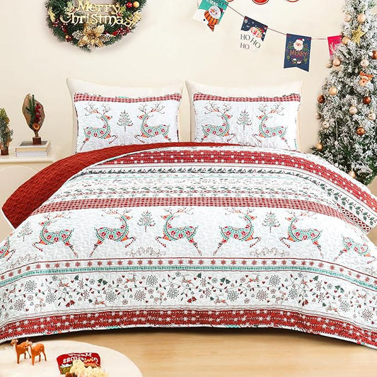 Exclusivo Mezcla Reversible Christmas Quilts Twin Size, Red Bedspread Lightweight Coverlet Winter Quilt Bedding Set with Printed Striped Flowers Reindeer Pattern (1 Quilt, 1 Pillow Sham)