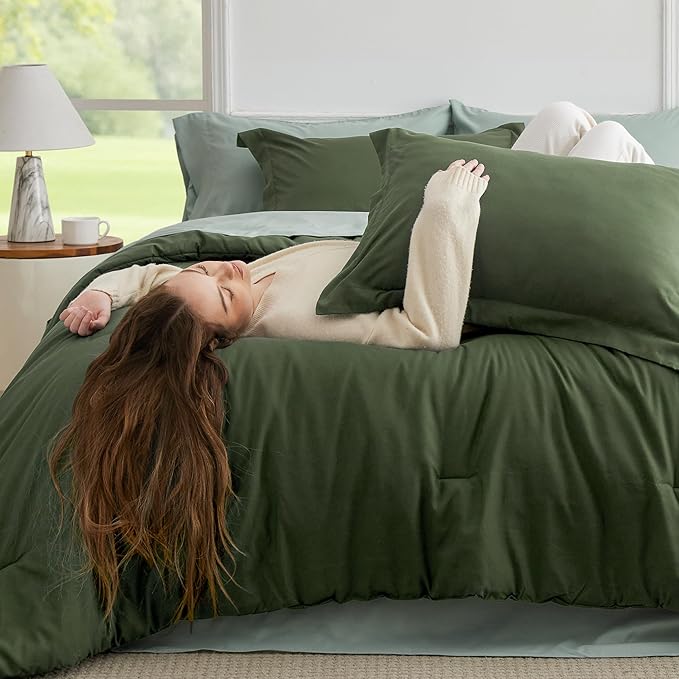 Bedsure King Size Comforter Set - 7 Pieces Olive Green King Bedding Set for All Seasons, Boho Contrasting Design Bed in a Bag with Comforter, Sheets, Pillowcases & Shams
