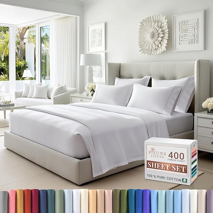Pizuna Pure 100% Cotton Sheets Split King Size, Luxurious 400 Thread Count Long Staple Cotton Sateen Sheets with 15" Deep Pocket (Combed White Sheet Split King)