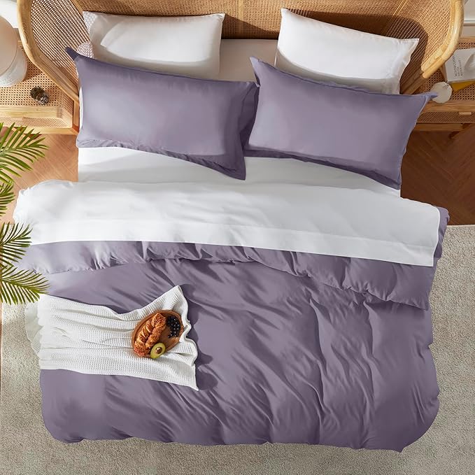 Nestl Queen Duvet Cover Set with Comforter Insert - Grayish Purple 4 Piece 90x90 Duvet Cover & 2 Pillow Shams with White Quilted Down Alternative Comforter, Ultra Soft, All Season
