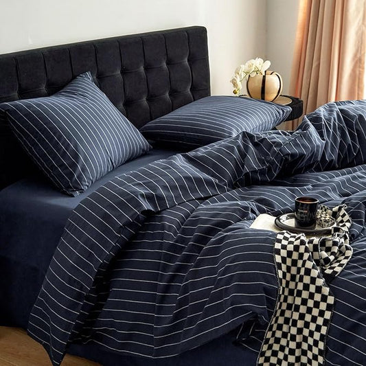 Wake In Cloud - Striped Cotton Duvet Cover Set, Ticking Stripe Vertical Pinstripe Farmhouse, 100% Washed Cotton Textured Percale Bedding Set, 3 Pieces, Navy Blue, Queen Size