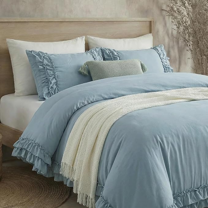 Grayish Blue Duvet Cover King Vintage Ruffled Bedding Shabby Chic Boho Bedroom Decor Super Soft All Season Ruffle Duvet Cover Set