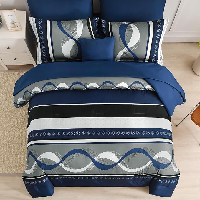 Anibedding Navy Blue Comforter Set Queen Size,8 Pieces Boho Bed in a Bag Patchwork Striped Comforter Set, Soft Microfiber Bedding Set for All Season(90"×90")