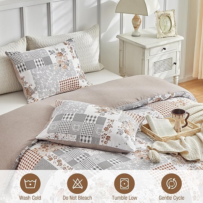 Lekesky Queen Size Duvet Cover Set, Patchwork Floral 3 Pieces Reversible Duvet Grey Cover Set, Ultra-Soft Microfiber 3 Pieces Comforter Cover with Zipper and Corner Ties, Includes 2 Pillowcases