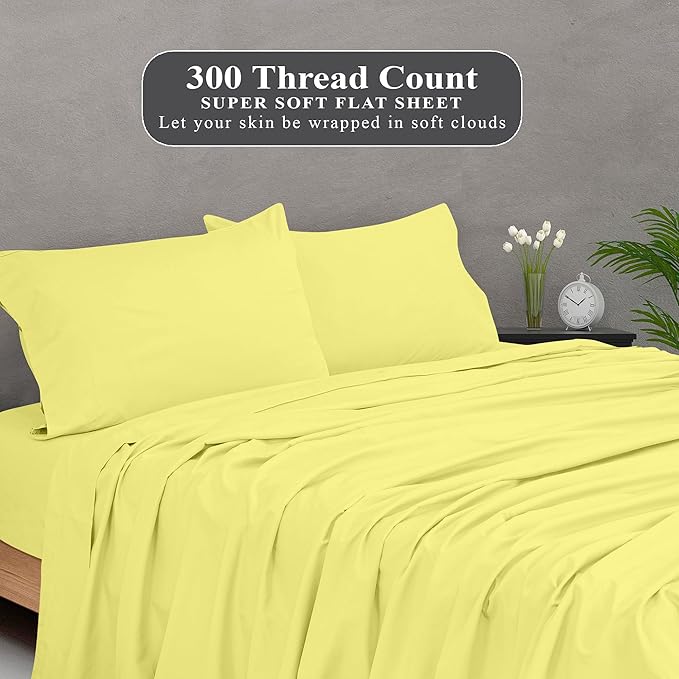 Royale Linens 300 Thread Count 100% Long Staple Combed Cotton Flat Sheet - Super Soft - Top Sheets - Full Flat Sheet Sold Separately - Breathable, Cool & Crisp Percale Sheets Only (Twin XL, Yellow)