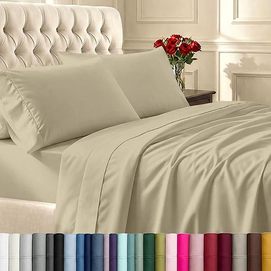 California Design Den King Size Sheets Set - Soft 400 Thread Count Sateen, Natural 100% Cotton Sheets with Deep Pockets, Breathable, and Durable Bedding Set - Beige (Golden Tone)