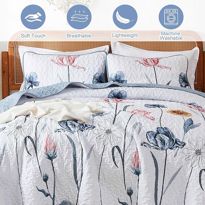 WONGS BEDDING Floral Quilt Set Queen,3 Pieces Blue & Pink Bedspread Coverlet Set Botanical Bedspreads Bed Cover Quilts，Soft Lightweight Farmhouse Flower Bedding Set for Spring Summer(96"x90")