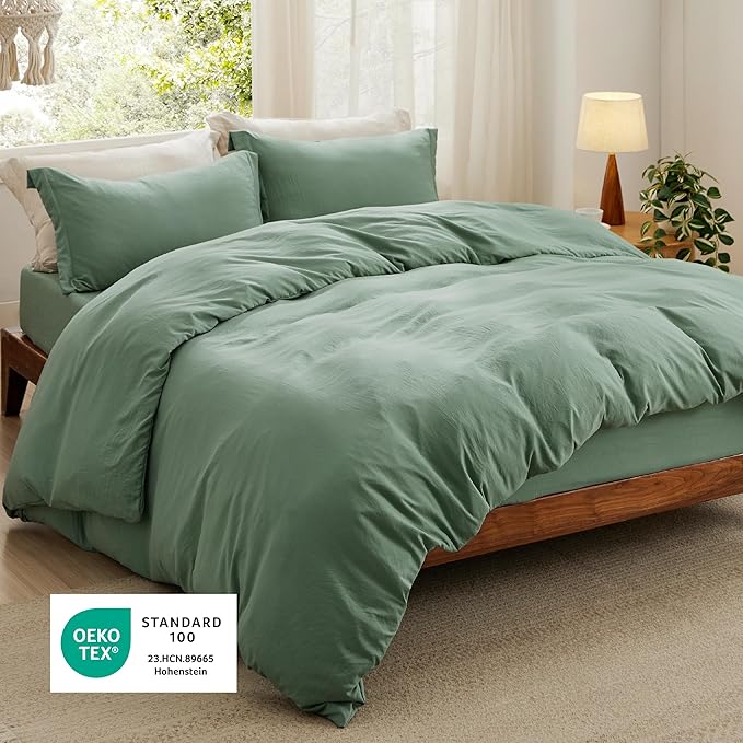 Bedsure Duvet Cover Full Size with Fitted Sheet - 4 Pieces Prewashed Cotton-Like Polyester Extra Soft Bedding Set, Includes 1 Duvet Cover 80x90 Inches, 2 Pillow Shams, 1 Fitted Sheet, Sage Green