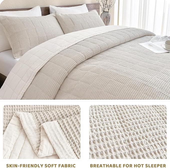 Sanracie100% Cotton Queen Size Quilt Bedspread (90"x98"), Wheat Colored Waffle Weave Quilt Sets 3Pcs Luxury Aesthetic Bedding Set Soft Lightweight Farmhouse Coverlet Set for All Seasons