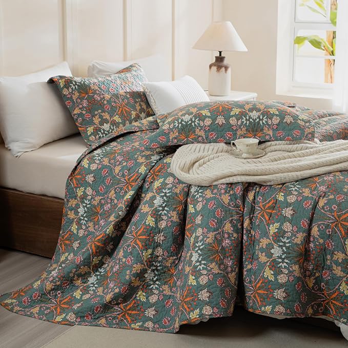 QSH 100% Cotton Floral Quilt Sets Queen Bedding Set (90"x98")-3PCs Luxury Paisley Botanical Flower Printed Quilted Bed Set Soft Lightweight Bedspread Coverlet Queen Set with Pillowcases