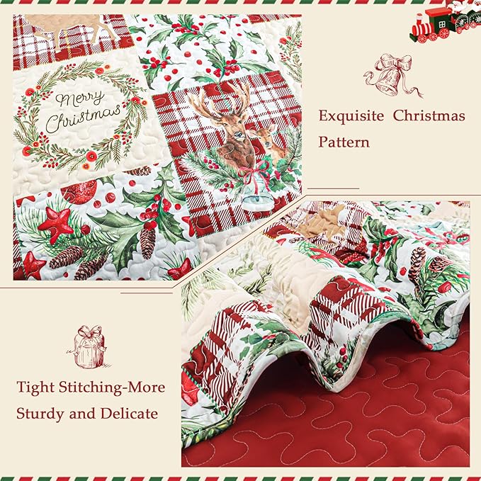 Exclusivo Mezcla Reversible Christmas Quilts Twin Size, Red Bedspread Lightweight Coverlet Winter Patchwork Quilt Bedding Set with Printed Reindeer Wreaths Pattern (1 Quilt, 1 Pillow Sham)