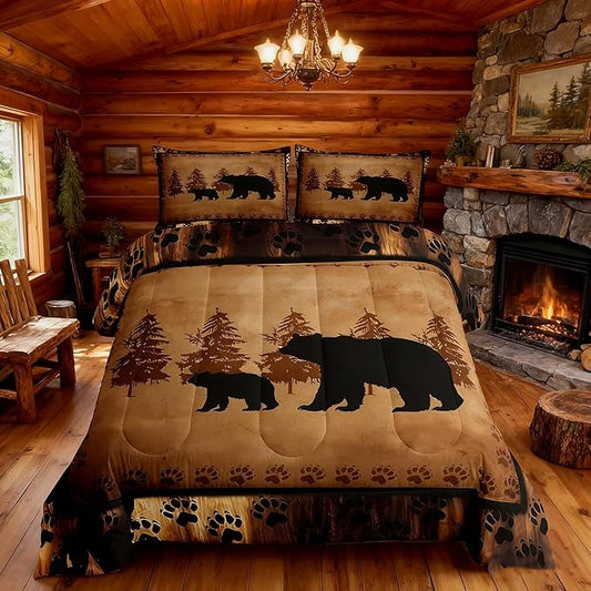 Feelyou Bear Comforter Set Queen Size Farmhouse Wild Animal Comforter Retro Cabin Lodge Bedding Set for Kids Boys Girls Brown Bear Paws Duvet Rustic Bedroom Decor Quilted 3Pcs