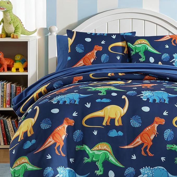 Twin Comforter Set for Boys Kids - 5 Pieces Navy Dinasour Patterns Twin Bedding Sets for Boys Teen, Soft Cozy Bed in A Bag with Sheets