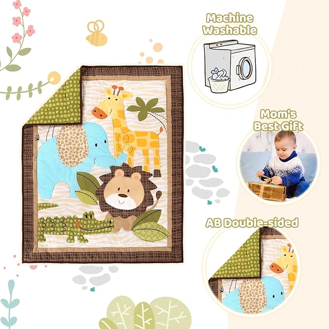 Wowelife Safari Crib Bedding Set, Mini Crib Bedding Set Boy 3-Piece Mini Crib Comforter Set, Nursery Bedding Sets for Boys Include Crib Comforter, Skirt and Sheet, Brown
