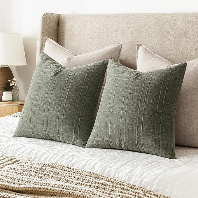 MIULEE Decorative Linen Check Throw Pillow Covers Neutral Farmhouse Vintage Spring Pillow Covers 18x18 Set of 2 Boho Modern Home Decor for Sofa Couch Bedroom Cushion Olive Green