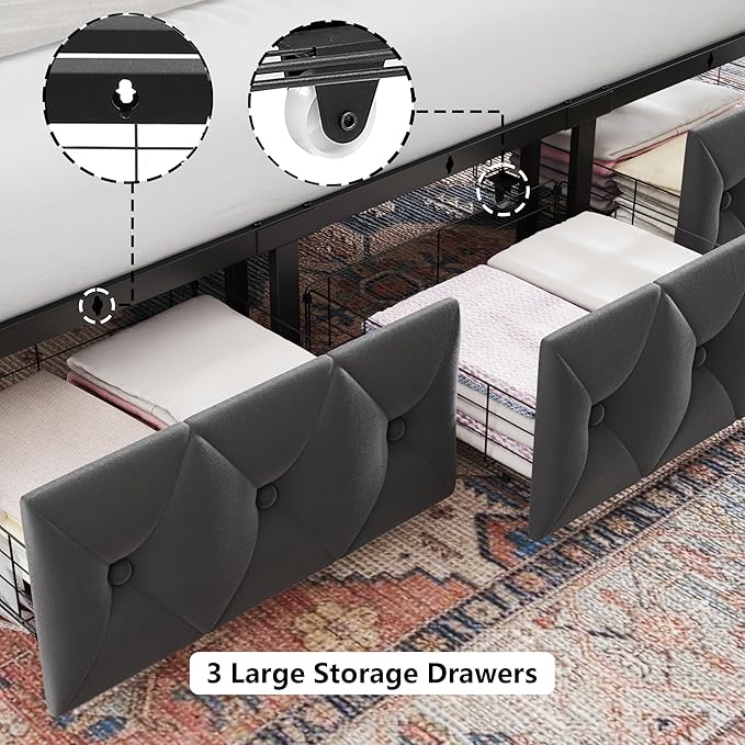Keyluv King Upholstered Canopy Bed Frame with 3 Drawers and Button Tufted Headboard Metal Platform Bed with 4 Removable Posts Two-Purpose Velvet Bed No Box Spring Needed Dark Grey/Curtain Not Included