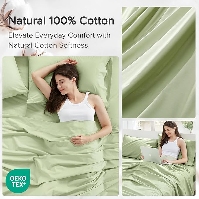 Comfort Spaces 100% Cotton Sheets Full, Breathable & Soft Cotton Sheets, Naturally Cool Cotton Bed Sheets with 14" Elastic Pocket Fits up to 16" Mattress, All Seasons Sheet Set, Sage Green 4 Piece