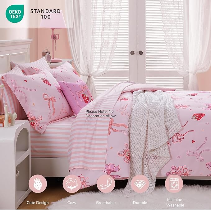 Twin Comforter Set for Girls-5 Pieces Pink Bow Twin Bedding Sets for Kids, Ultra Soft Bed in A Bag with Sheets