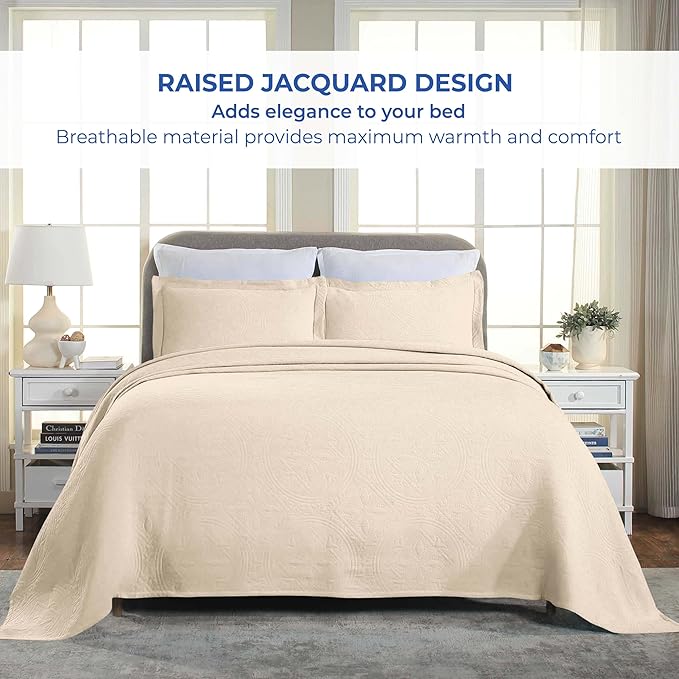 Superior 2 Piece Celtic Circles Cotton Bedspread Set, Decorative Bed Spread, Home Bed Decor, 1 Pillow Sham, Medium Weight Blanket, Matelasse Coverlet Bedding, Wedding Ring Design, Twin, Ivory