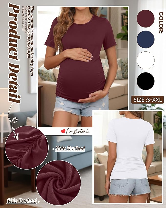 Huukeay 4 Pack Women's Maternity Shirts, Crew Neck Maternity Top Short Sleeve Casual Cotton Tee Side Ruched Pregnancy Clothes