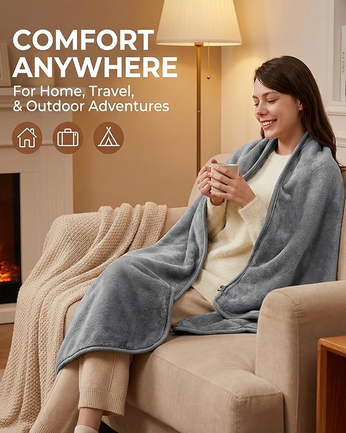 Cordless Heated Throw with Portable Battery Pack | Far Infrared USB Electric Blanket | Ultra-Soft Faux Rabbit Fur for Couches, Office, Camping & Travel
