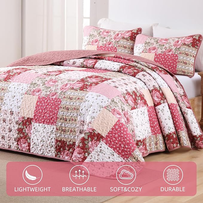 Anibedding 3Pieces Patchwork Quilts King Size, Bohemian Red Flower Plaid Bedspreads with Double Pillowcases for All Season