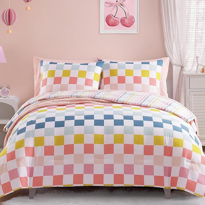 Twin Comforter Set for Girls-5 Pieces Colorful Check Twin Bedding Sets for Kids, Ultra Soft Bed in A Bag with Sheets