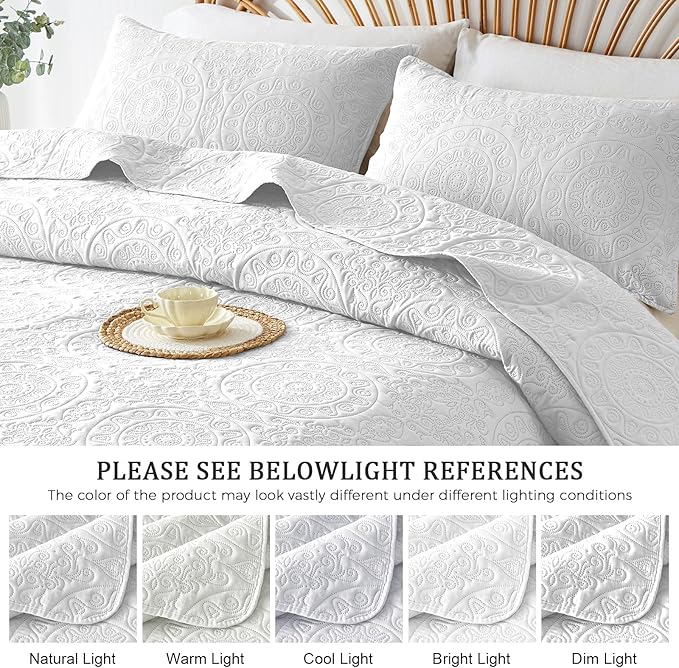 WURUIBO White Quilt Set Queen Size, Embossing Microfiber Full Bedspreads with Pillow Sham, Ligthweight Breathable Thin Coverlet, Reversible Bedding Set for All Season (1 Quilt, 2 Pillow Shams)
