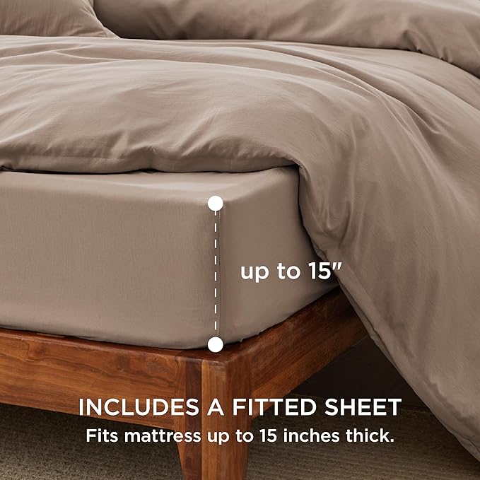 Bedsure California King Size Duvet Cover with Fitted Sheet - 4 Pieces Prewashed Cotton-Like Polyester Extra Soft Bedding Set, Includes 1 Duvet Cover 104''x98'', 2 Pillow Shams, 1 Fitted Sheet, Khaki