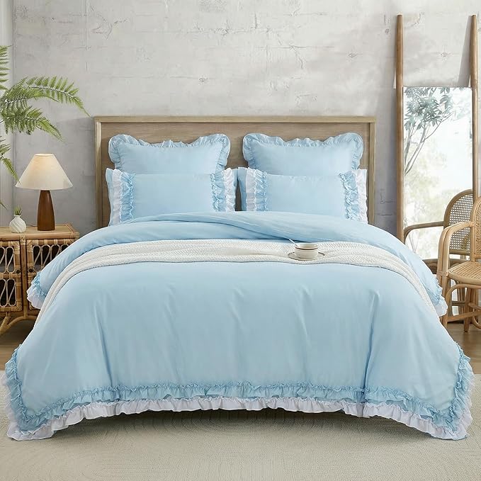 Bedrom Light Blue Duvet Cover Queen Ruffled Bedding Set Elegant Ruffle Lace Bedroom Decor Shabby Chic Farmhouse Style Blue Boho Duvet Cover Set