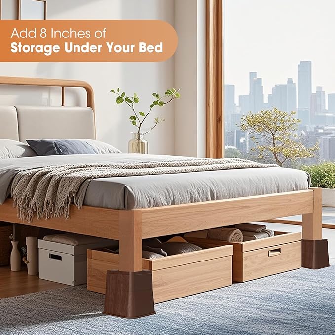 Adjustable Bed Risers,Elevation in 3, 5 or 8 Inch Heavy Duty Risers,Oversized Fit Up to 5.5" Legs, Stackable Bed Raising Blocks for Couches, Tables, Desks (Brown, 8 inch-4 Pack)
