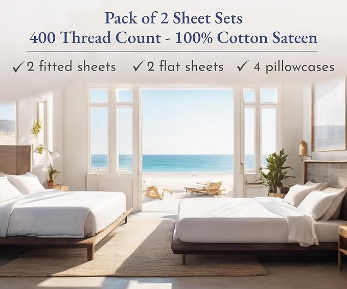 California Design Den 2-Pack Cal King Bedsheet Set - 400 Thread Count Sateen 100% Cotton Sheets - Soft and Breathable Sheets, 2 Sets of Deep Pocket Bed Sheets - White