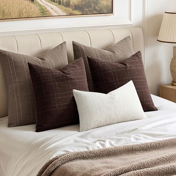 MIULEE Decorative Linen Check Throw Pillow Covers Neutral Farmhouse Vintage Pillow Covers 20x20 Set of 2 Boho Modern Winter Home Decor for Sofa Couch Bedroom Cushion Dark Brown