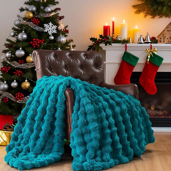 Lotus Karen Faux Fur Teal Throw Blanket - Big Bubble Rabbit Fluff Blanket for Couch Bed Sofa,Softest Fluffy Fuzzy Cozy Blanket,Thick Furry Plush Shaggy Warm Blankets for Women,50x60 Inches