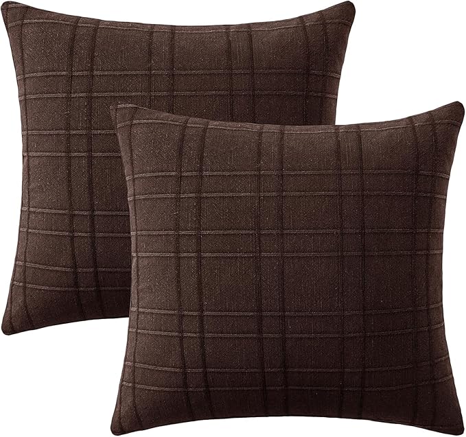 MIULEE Decorative Linen Check Throw Pillow Covers Neutral Farmhouse Vintage Pillow Covers 20x20 Set of 2 Boho Modern Winter Home Decor for Sofa Couch Bedroom Cushion Dark Brown