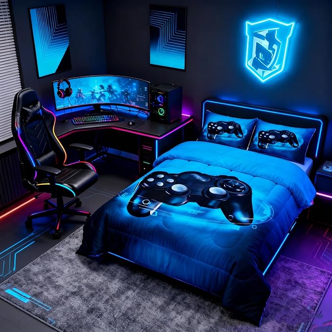 Feelyou Gamer Bedding Set for Boys Full Size Comforter Set Kids Gaming Comforter Blue Gamer Room Decor Video Game Gamepad Bed Set Teens Teenage Bedding Soft Warm 1 Comforter with 2 Pillowcases
