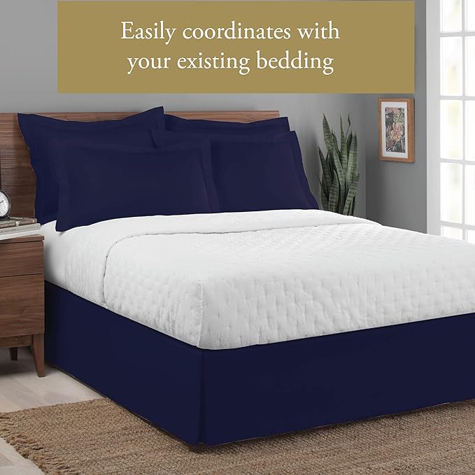 Luxury Hotel Tailored Bed Skirt, Box Pleats, 14 Inch Drop, King, Navy
