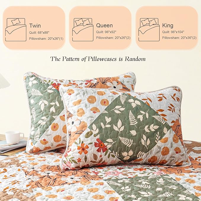 Whale Flotilla Patchwork Quilt Twin Size, Extra Soft Boho Floral Bedspreads for Bed Reversible Lightweight Twin Quilt Bedding Set Printed Coverlets with 1 Pillow Sham for All Seasons, Orange